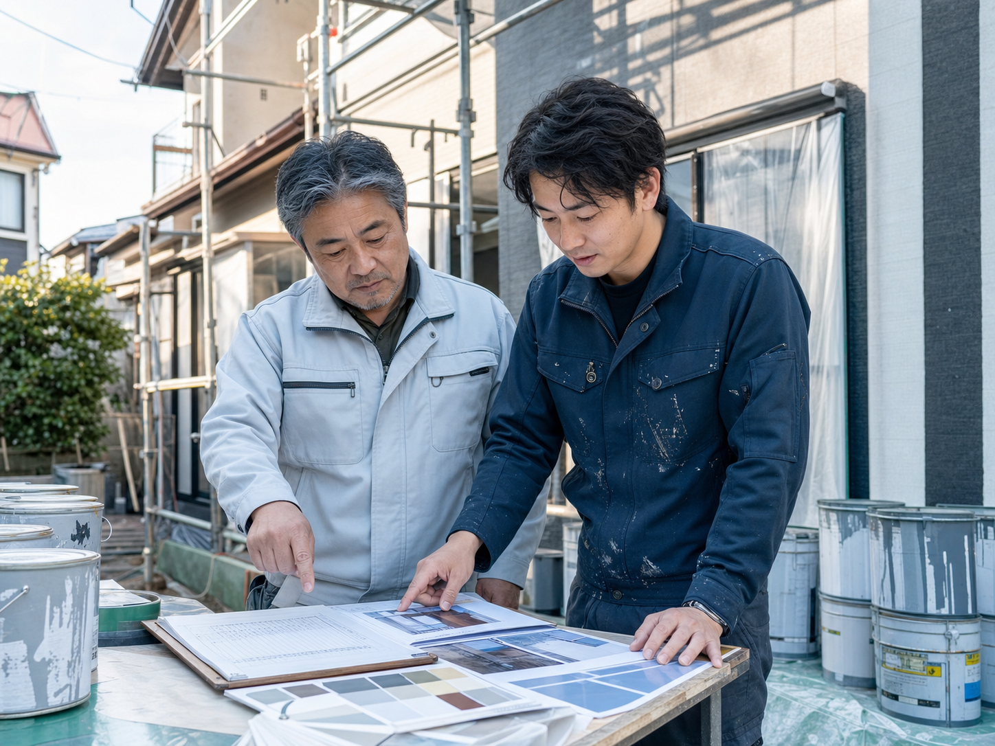 塗装現場で施工承継を確認する職人と後継者