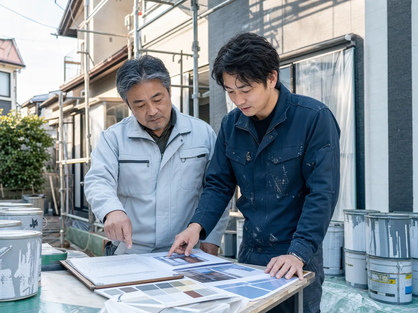 塗装現場で施工承継を確認する職人と後継者