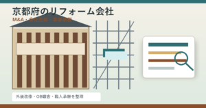 京都府のリフォーム会社M&Aをテーマに外装改修現場と資料整理を描いたアイキャッチ画像